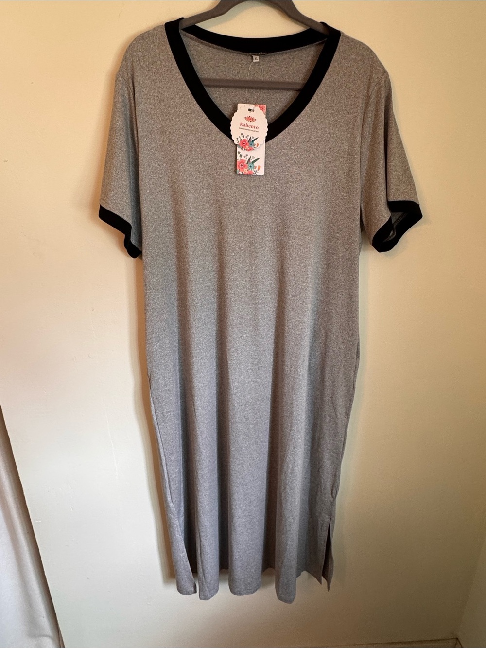 NEW Heather Gray V-Neck Jersey Maxi Dress with Black Trim - Size XL